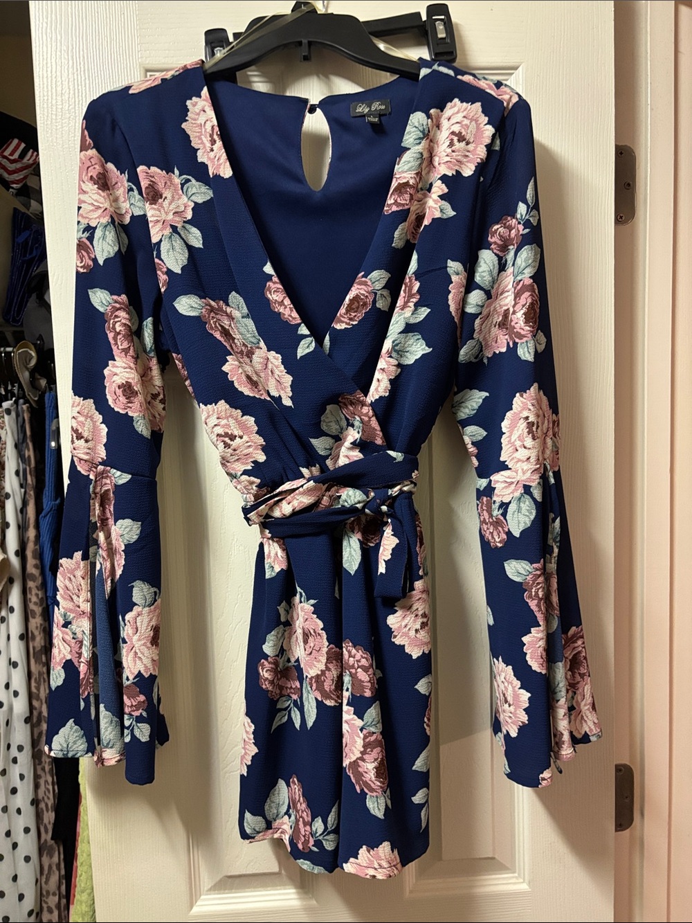 Lily Rose Navy Floral Long-Sleeve Wrap Romper